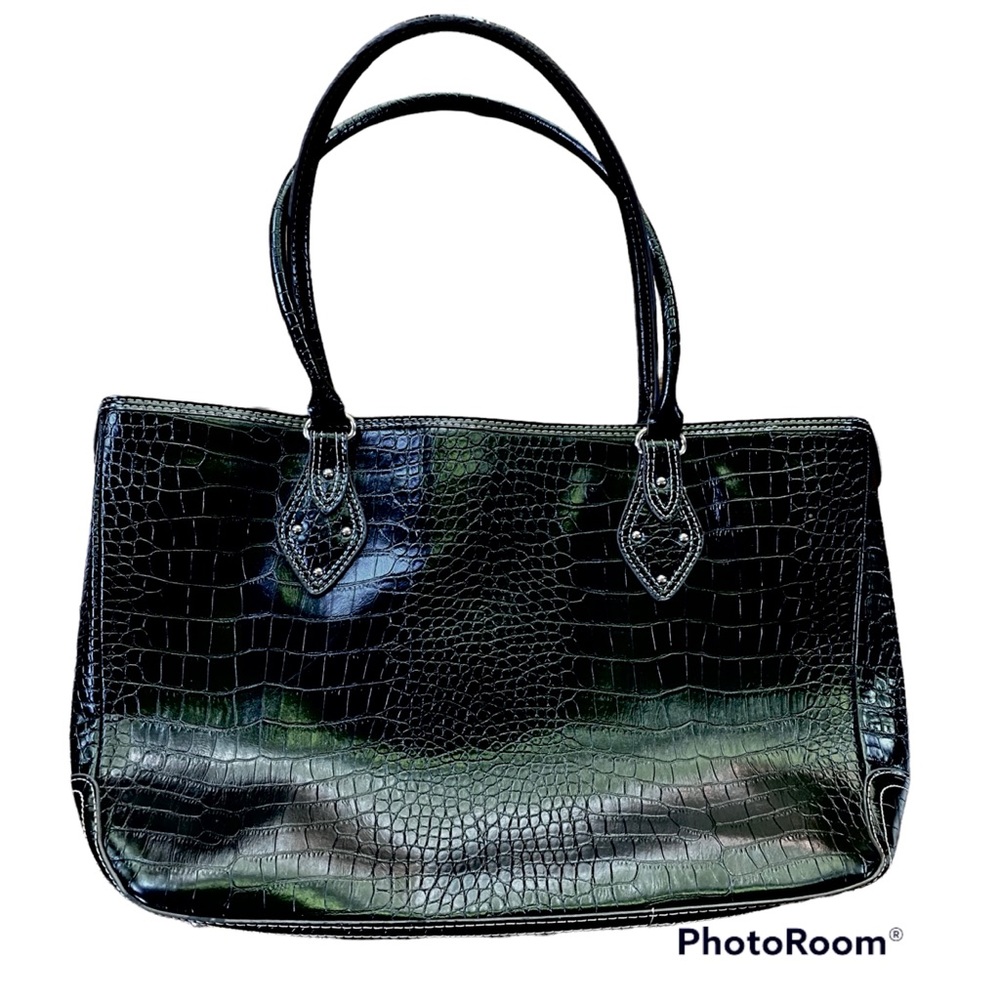 Large Satchel Bag Tote Vegan Black Faux Crocodile